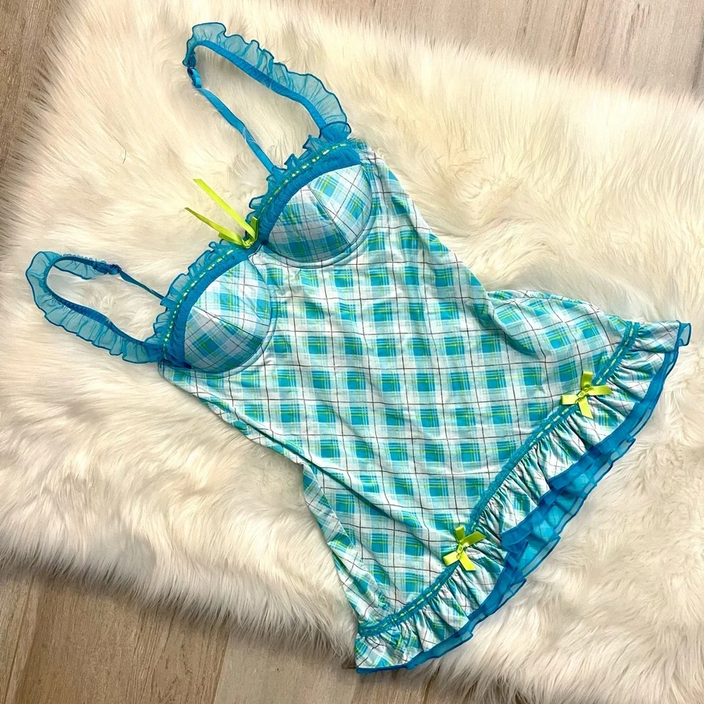 34C VS Victoria’s Secret Sexy Little Things poolside green/blue plaid lingerie - Picture 3 of 12